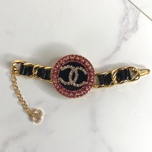 Vintage Chanel Pink Crystal Chain Logo Bracelet
